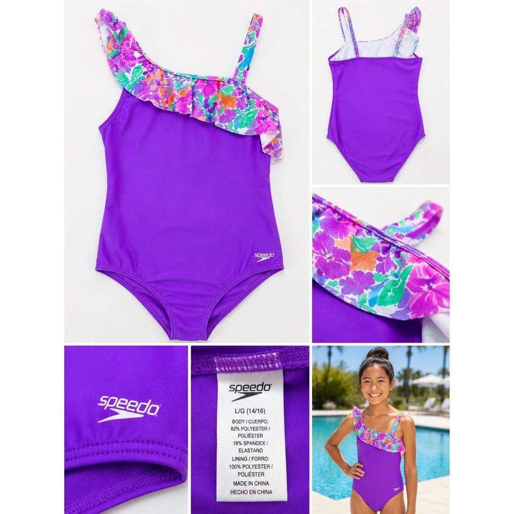 Speedo Girls Purple One Piece Swimsuit Floral Ruffle 14/16 Large NWT UPF 50+